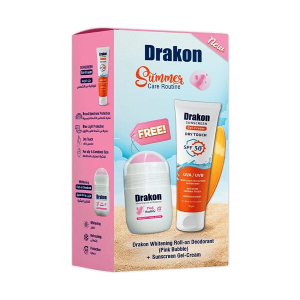 مجموعة Drakon® الترويجية (جل كريم واقي من الشمس 60 مل + رول تبييض Drakon Pink Bubble)