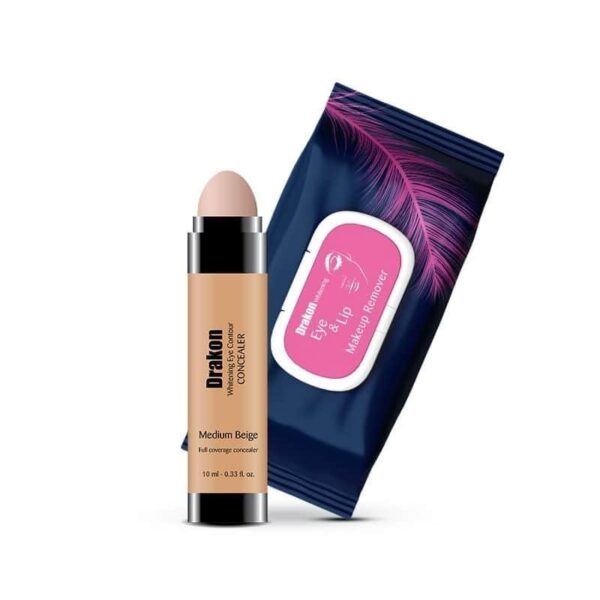 دراكون® - خافي عيوب محيط العين - متوسط + مناديل تبييض العين والشفاه - مزيل مكياج